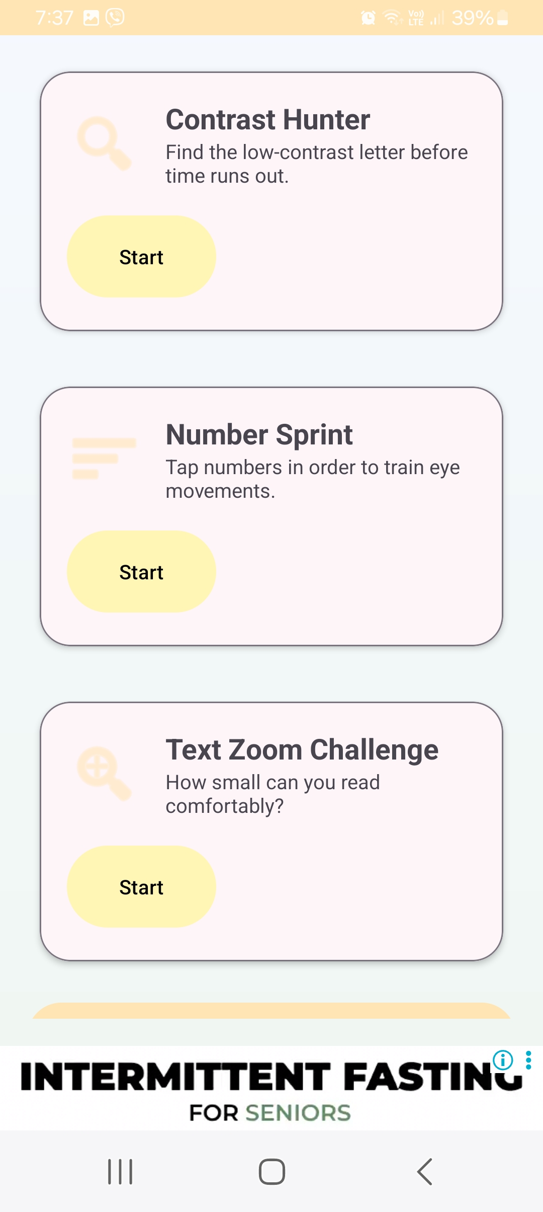 VisionComfort Games Hub screen